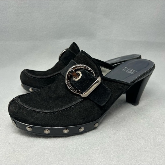Stuart Weitzman size 6.5 Black Suede Mules Clogs with Silver Buckle - Picture 1 of 12